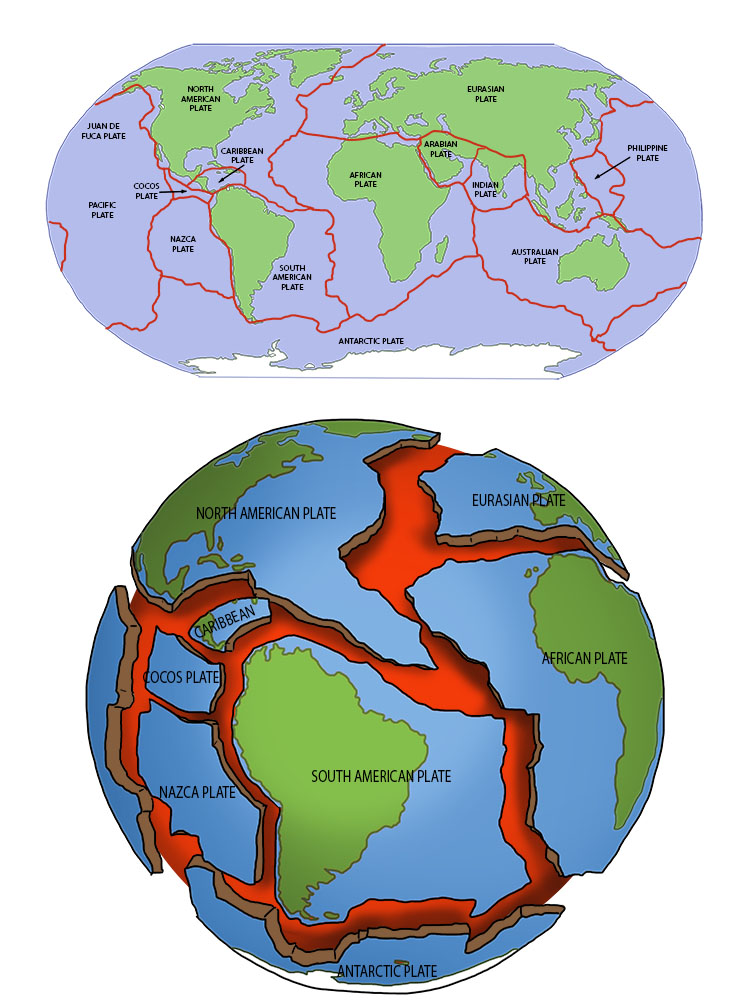 Diagram of the tectonic plates that make up the surface of the earth.